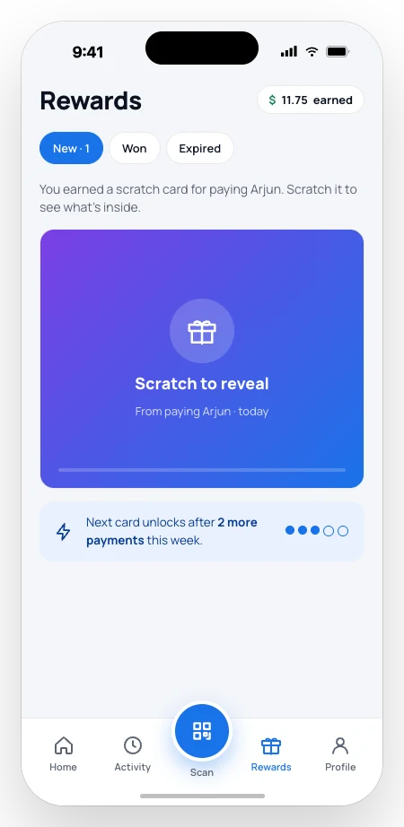 Rewards screen with a scratch card