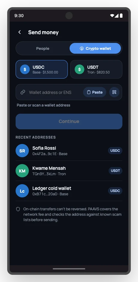 Send to a crypto wallet screen with USDC and USDT options and an address field