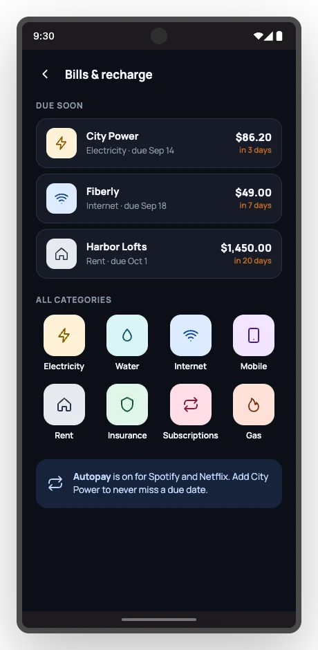 Bills and recharge screen listing bills due soon