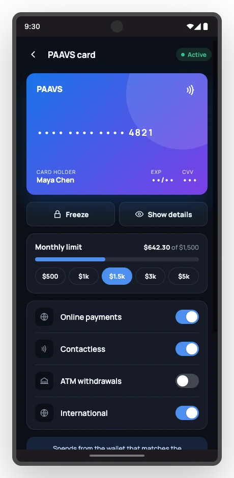PAAVS card screen with freeze, limits and controls